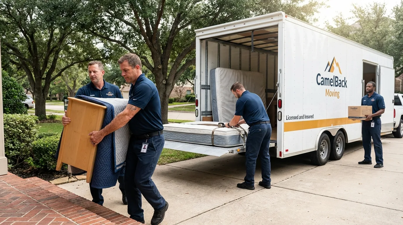 Crew loading residential truck for cross-state move from Bakersfield, CA