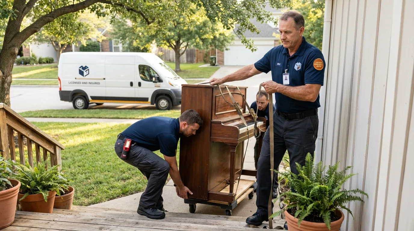 Licensed piano movers securing grand piano in Bakersfield, CA