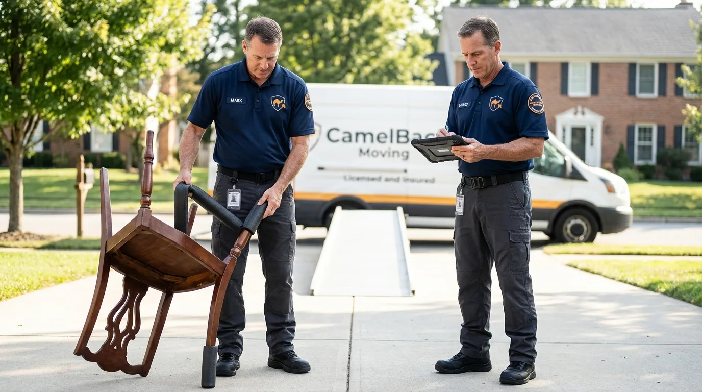 Movers inspecting furniture for damage prevention before loading in Bakersfield, CA