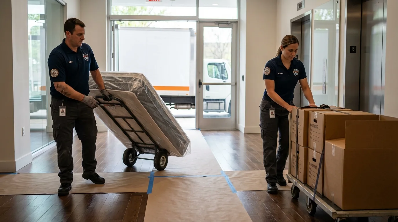 Professional apartment movers loading elevator in Bakersfield, CA